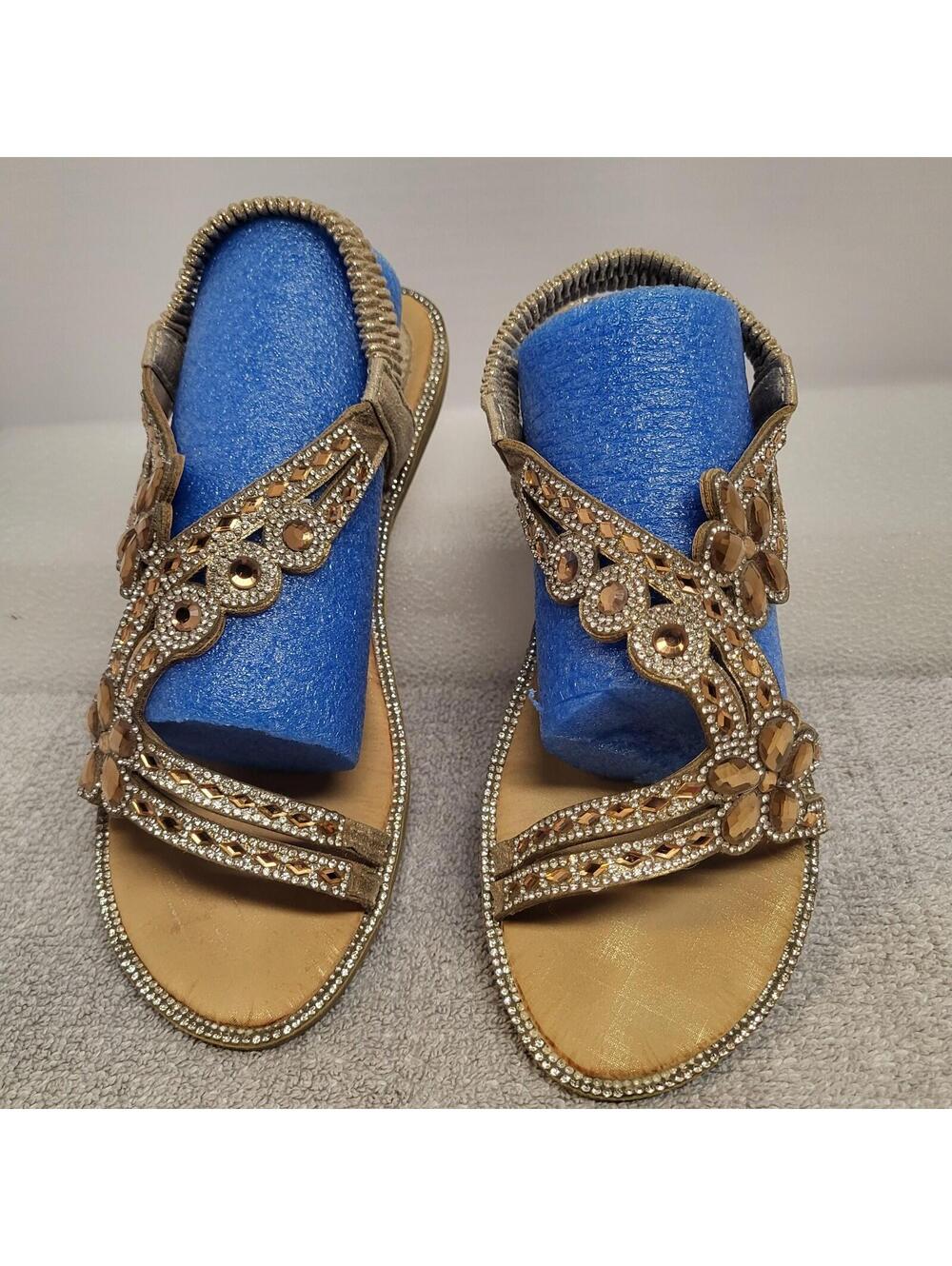 gold rhinestone-beaded flat sandals featuring an elastic T-strap ankle design 38